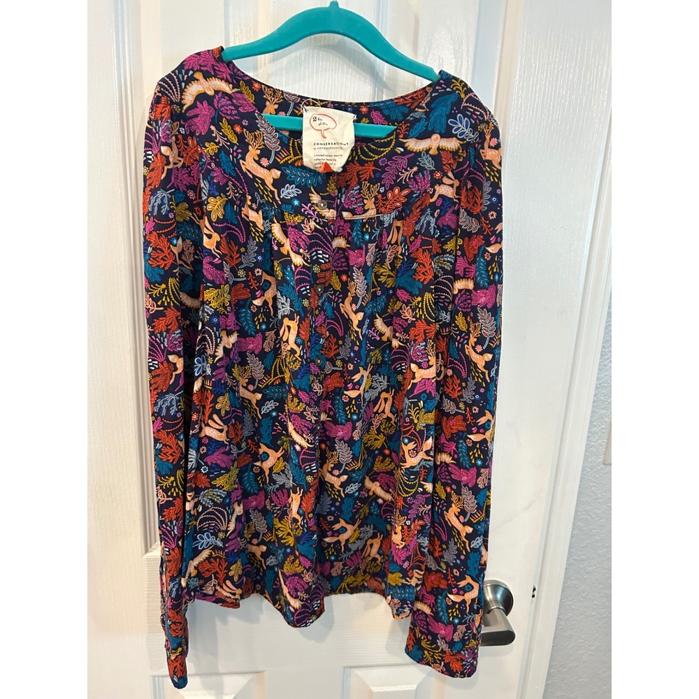 Anthropologie Blouse Navy Multicolor Woodland Deer Print Capsule Top‎ US 8